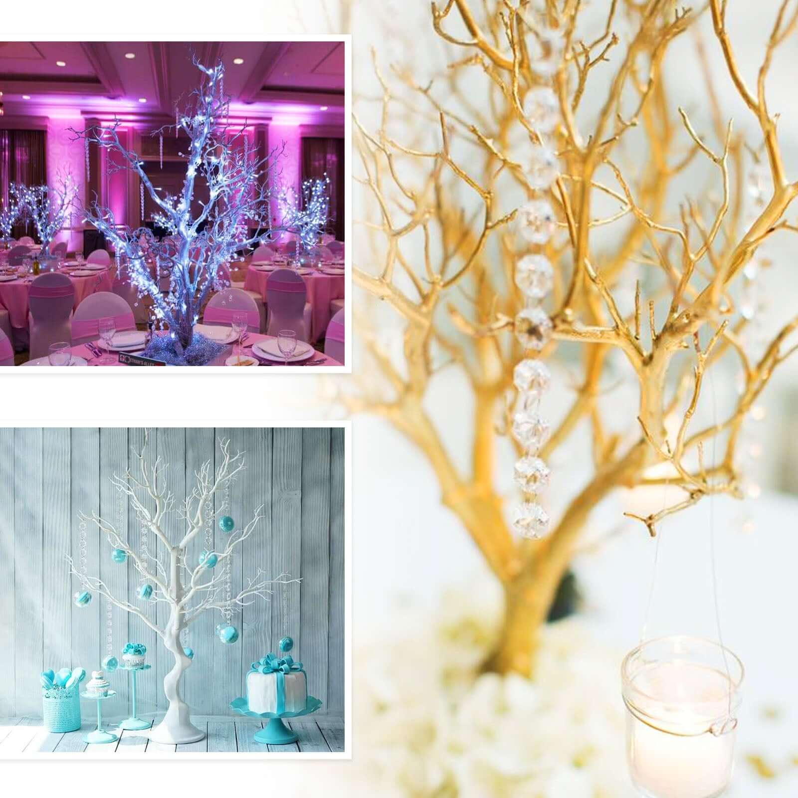 Hot Sale! White Manzanita Artificial Tree Centerpiece with 8 Acrylic Bead Chains for Modern Weddings and Parties