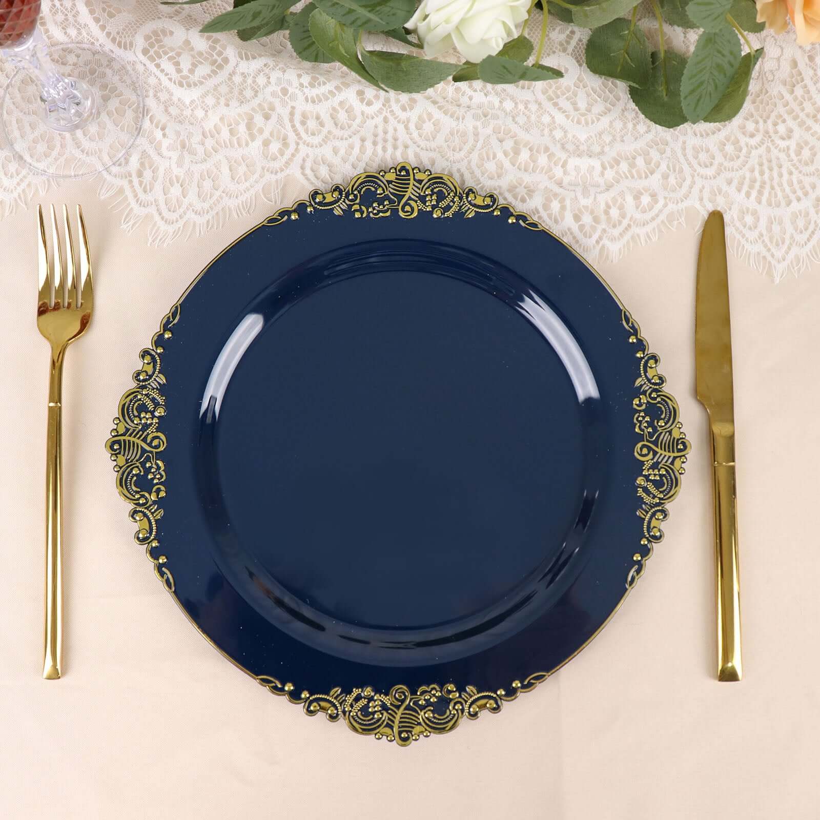 10-Pack Disposable Navy Blue Plastic Dinner Plates with Gold Leaf Embossed Rim - Vintage Baroque Style