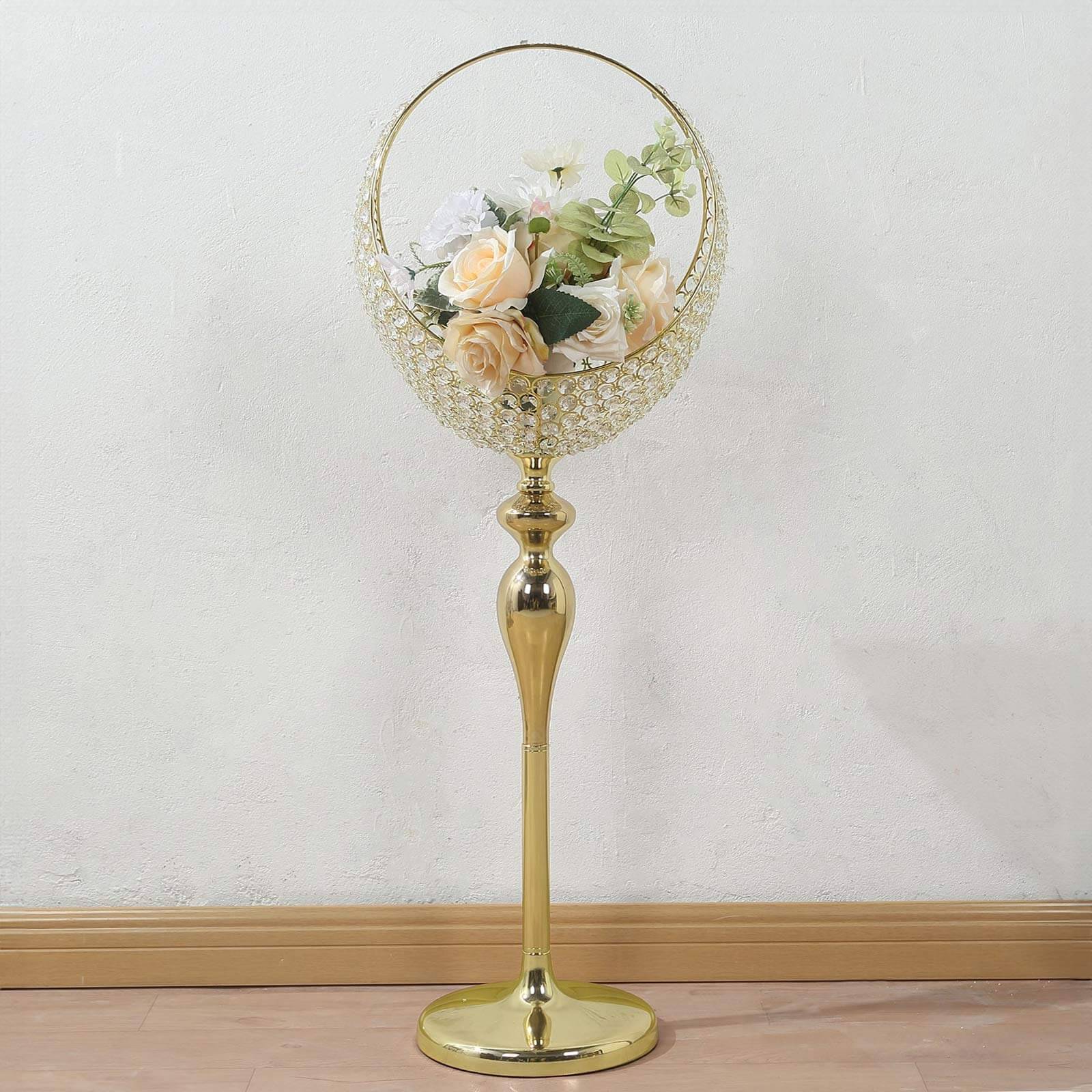 3ft Tall Gold Metal Crystal Beaded Candle Holder Stand - Ideal Wedding Flower Centerpiece