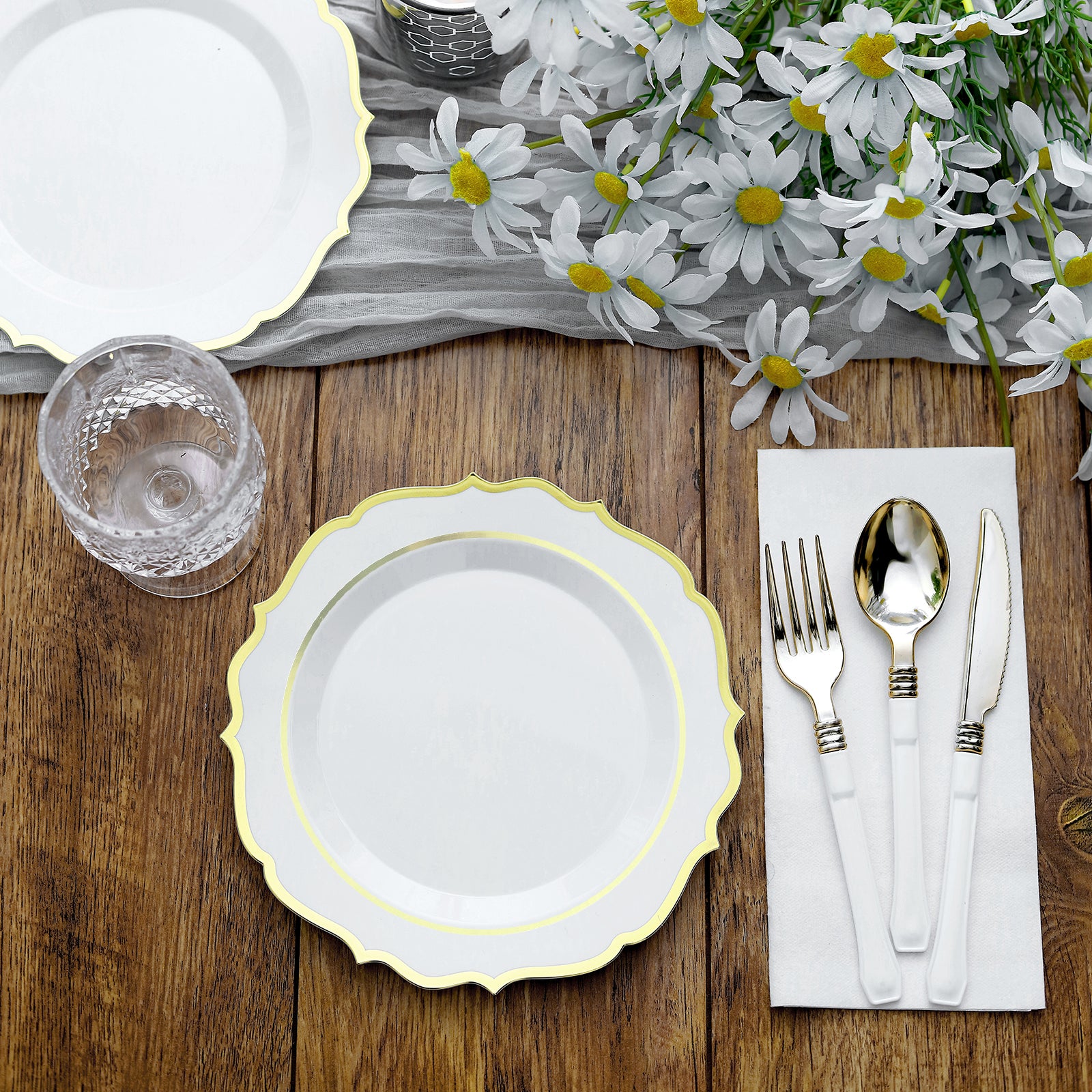 10-Piece Set of Disposable White Plastic Round Desert Plates with Gold Scalloped Rims for Elegant Events