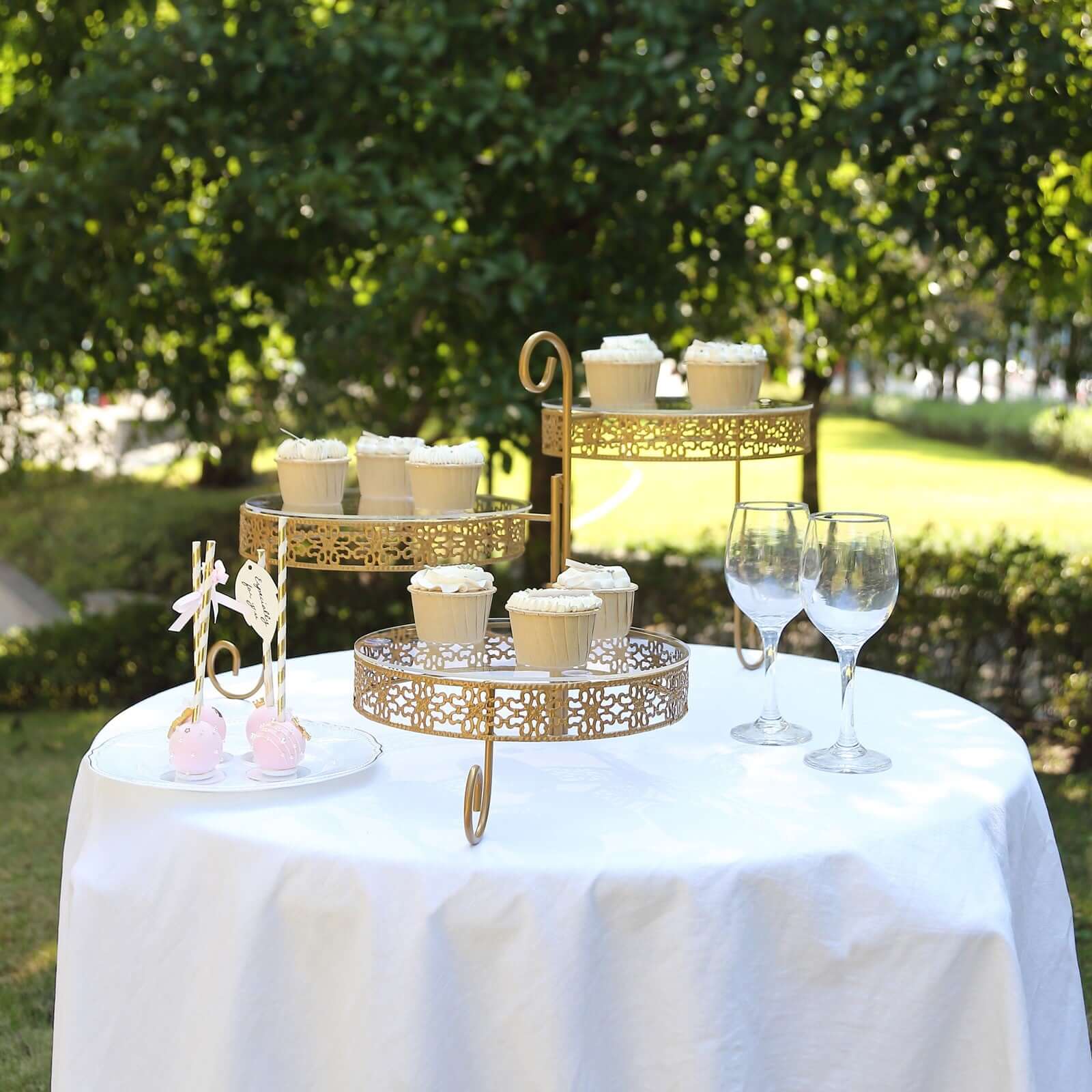 3-Tier Gold Metal Rotating Cupcake Stand with Clear Acrylic Plates - Hollow Lace Design