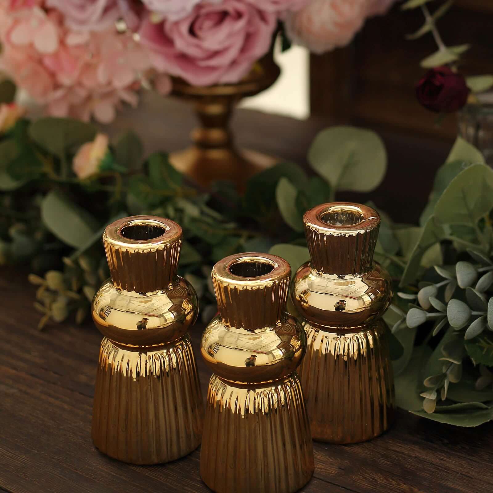 Set of 3 Metallic Gold Ceramic Taper Candle Holders with Fluted Ball Neck Design