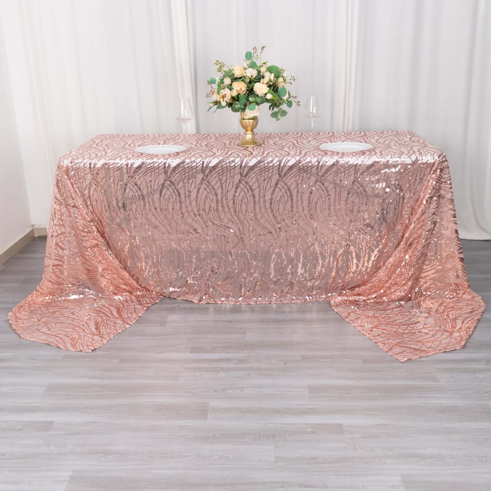 Sparkly Rose Gold Sequin Embroidered Mesh Rectangle Tablecloth (90x156) for Special Events