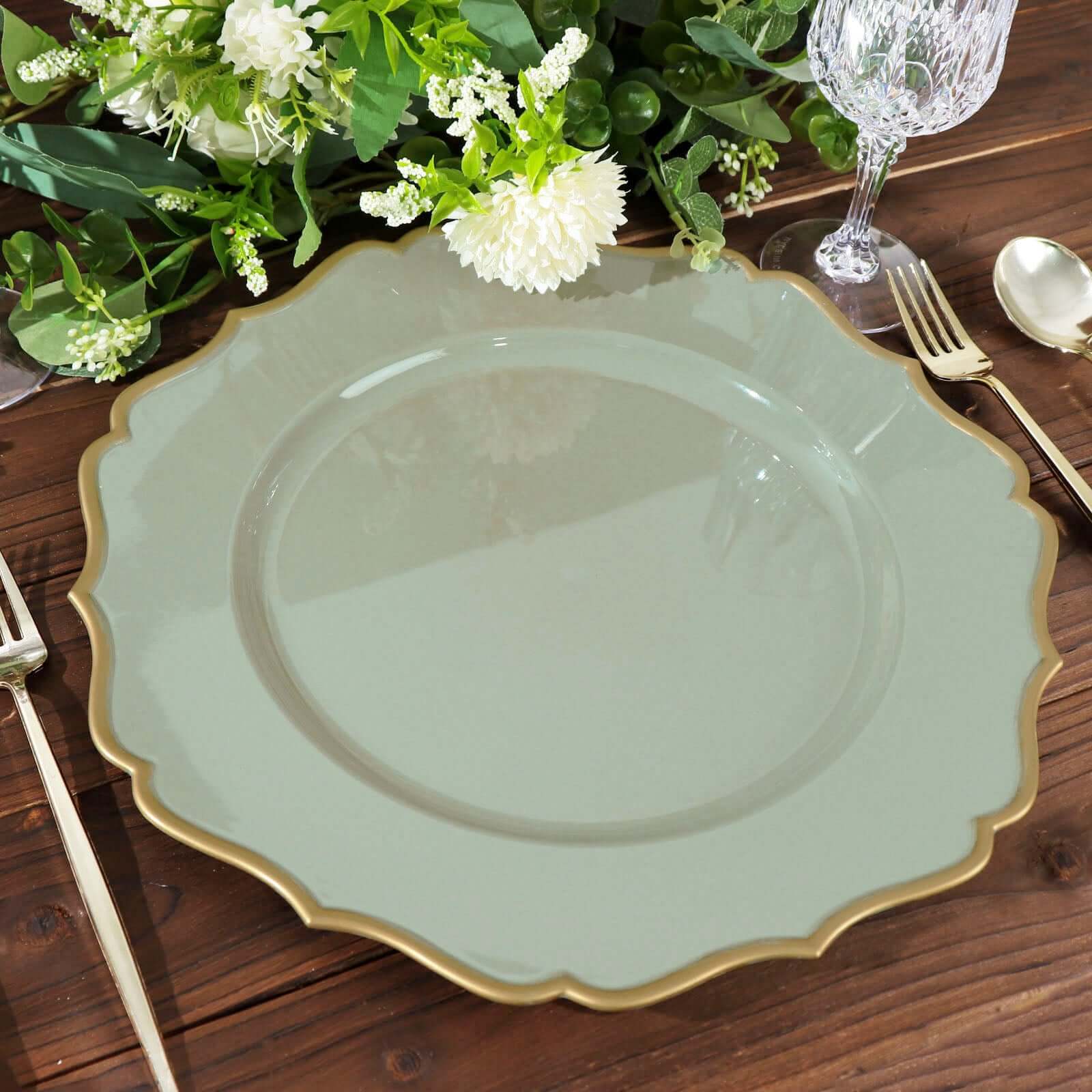6-Piece Set of 13-Inch Dusty Sage Green Acrylic Charger Plates with Gold Scalloped Edges