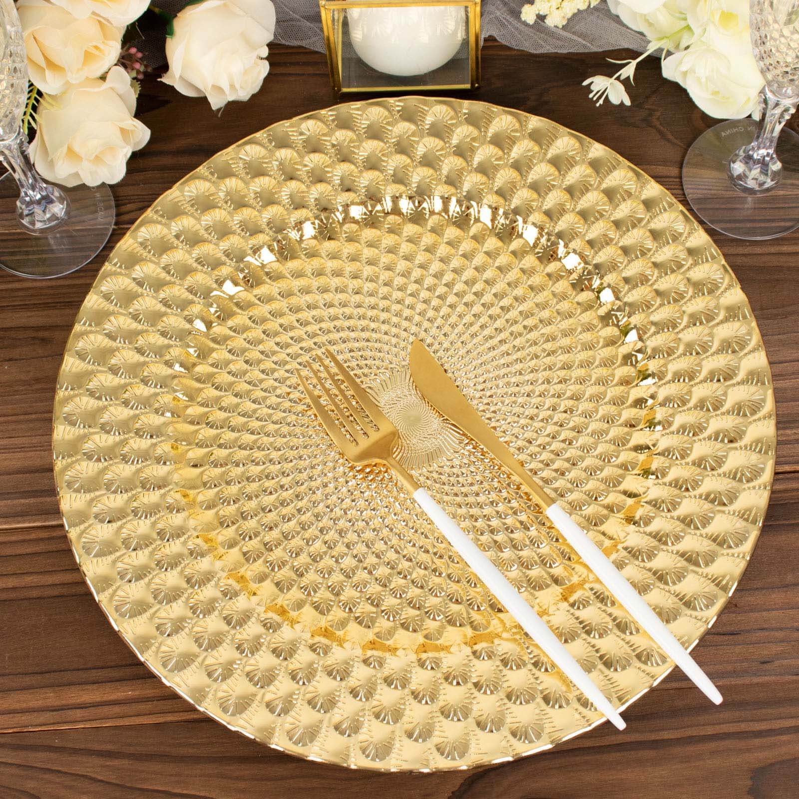 Set of 6 Gold Plastic Round Charger Plates with Peacock Pattern, 13-inch for Elegant Dinner Parties