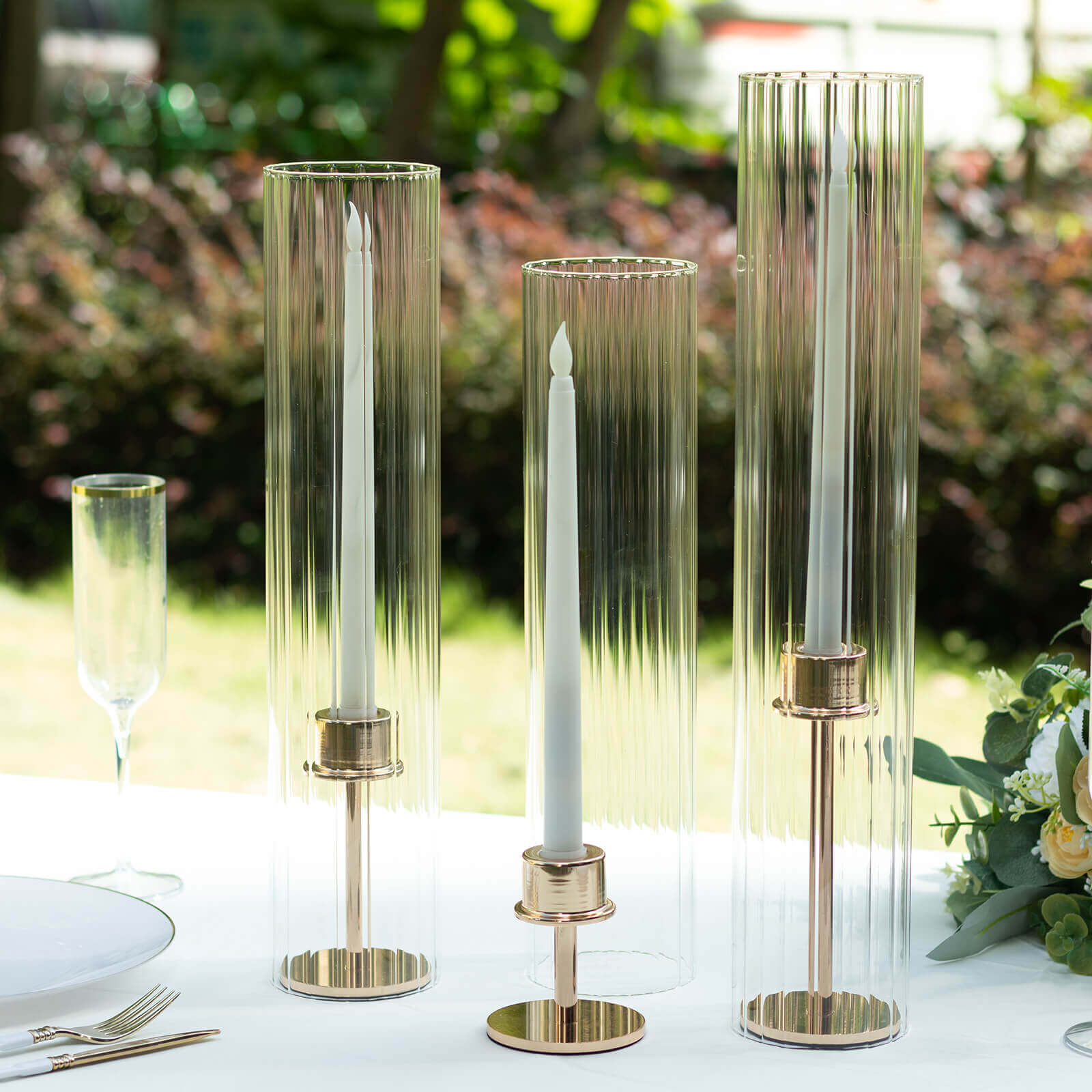 Stylish Set of 3 Clear Ribbed Glass Hurricane Shades for Candles - 15', 17', 19'