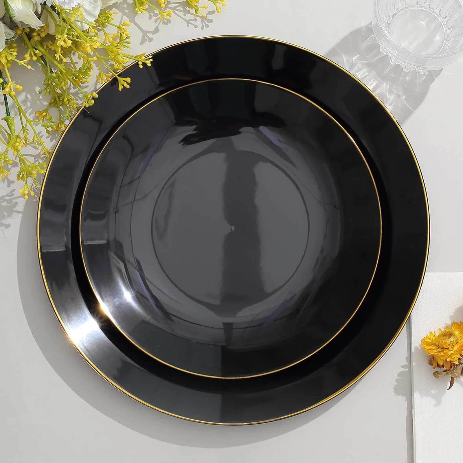 Hot Deal! 10-Pack of 8-Inch Round Black Plastic Dessert Plates with Gold Rim, Disposable and Sturdy