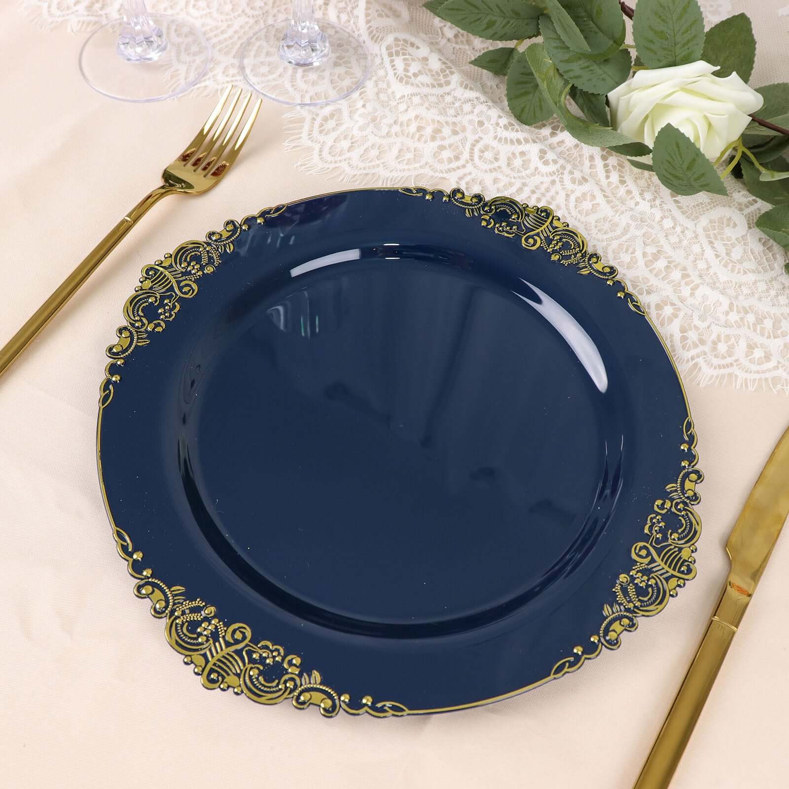 10-Pack Disposable Navy Blue Plastic Dinner Plates with Gold Leaf Embossed Rim - Vintage Baroque Style