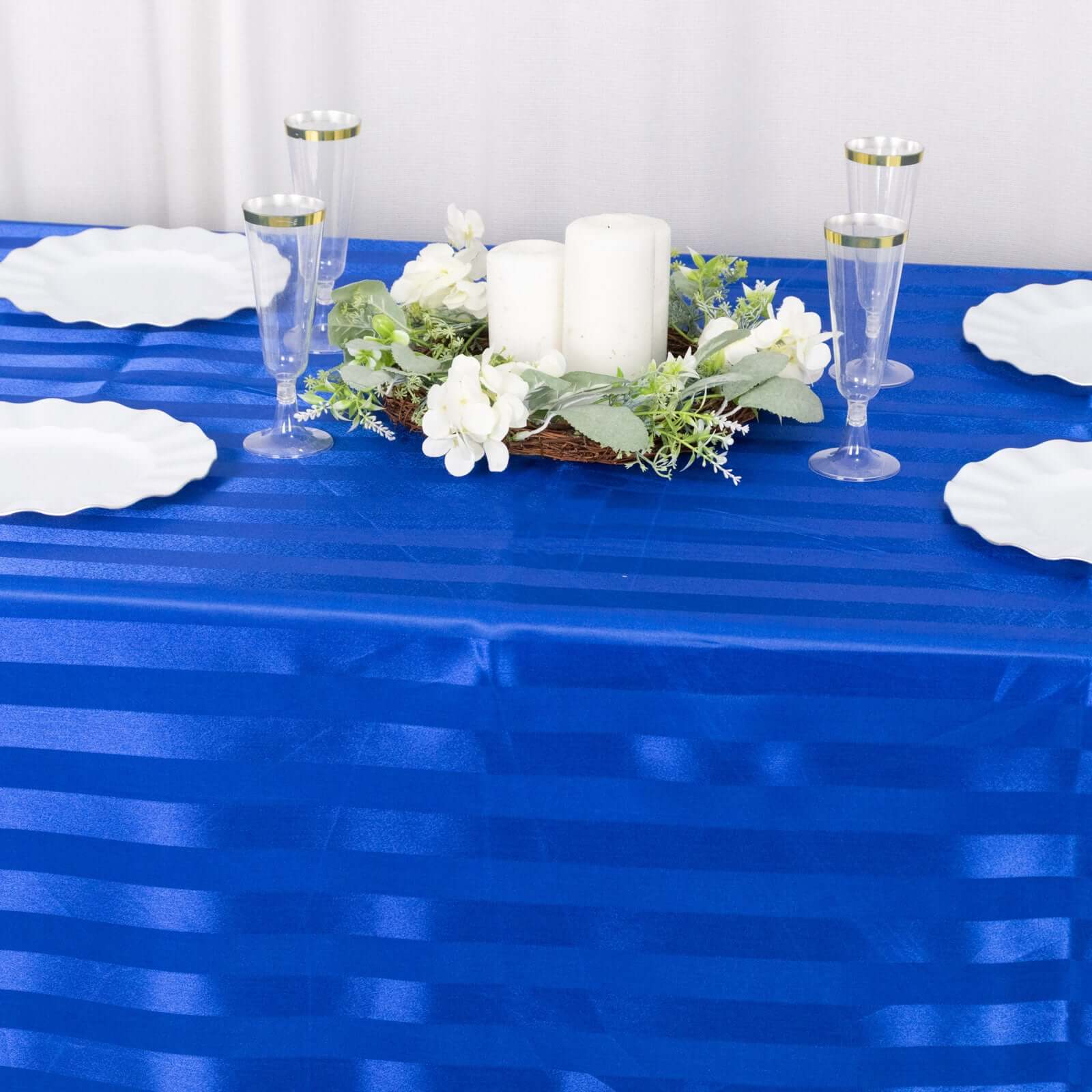 Royal Blue Satin Striped 90x132 Rectangular Tablecloth - Seamless & Smooth, Great Deal!
