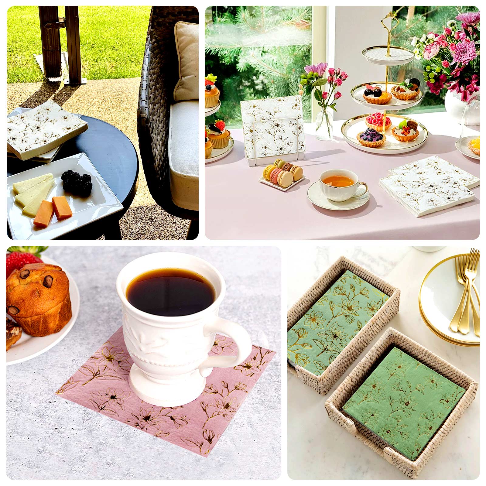 50-Pack 2-Ply Absorbent Soft White Paper Cocktail Napkins with Gold Magnolia Prints