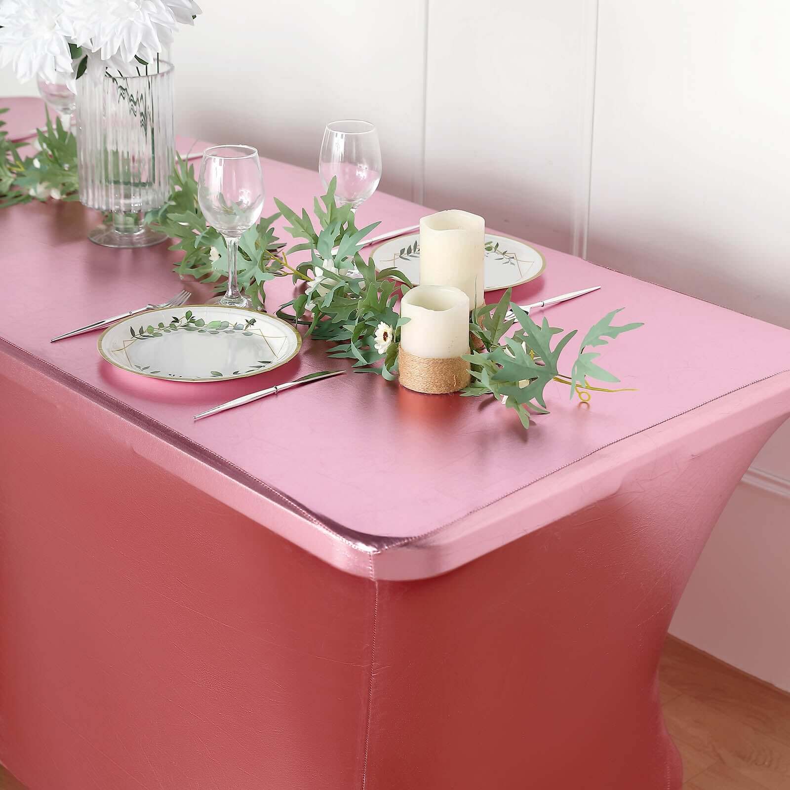 Hot Sale! 4-Way Stretch Metallic Rose Gold Spandex Tablecloth for 6FT Rectangular Tables