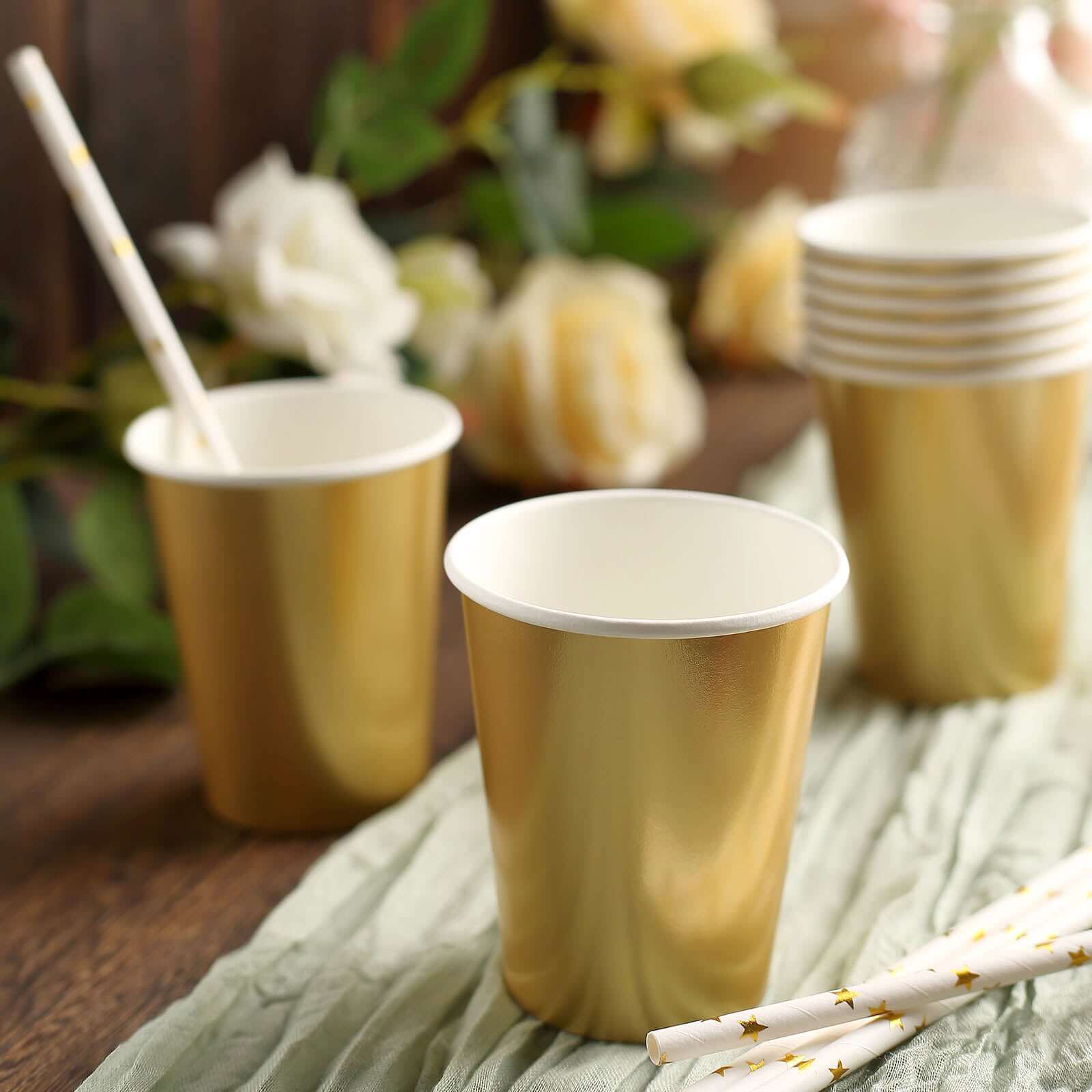 Get 24-Pack 9oz Metallic Gold Disposable Paper Cups for Hot & Cold Drinks
