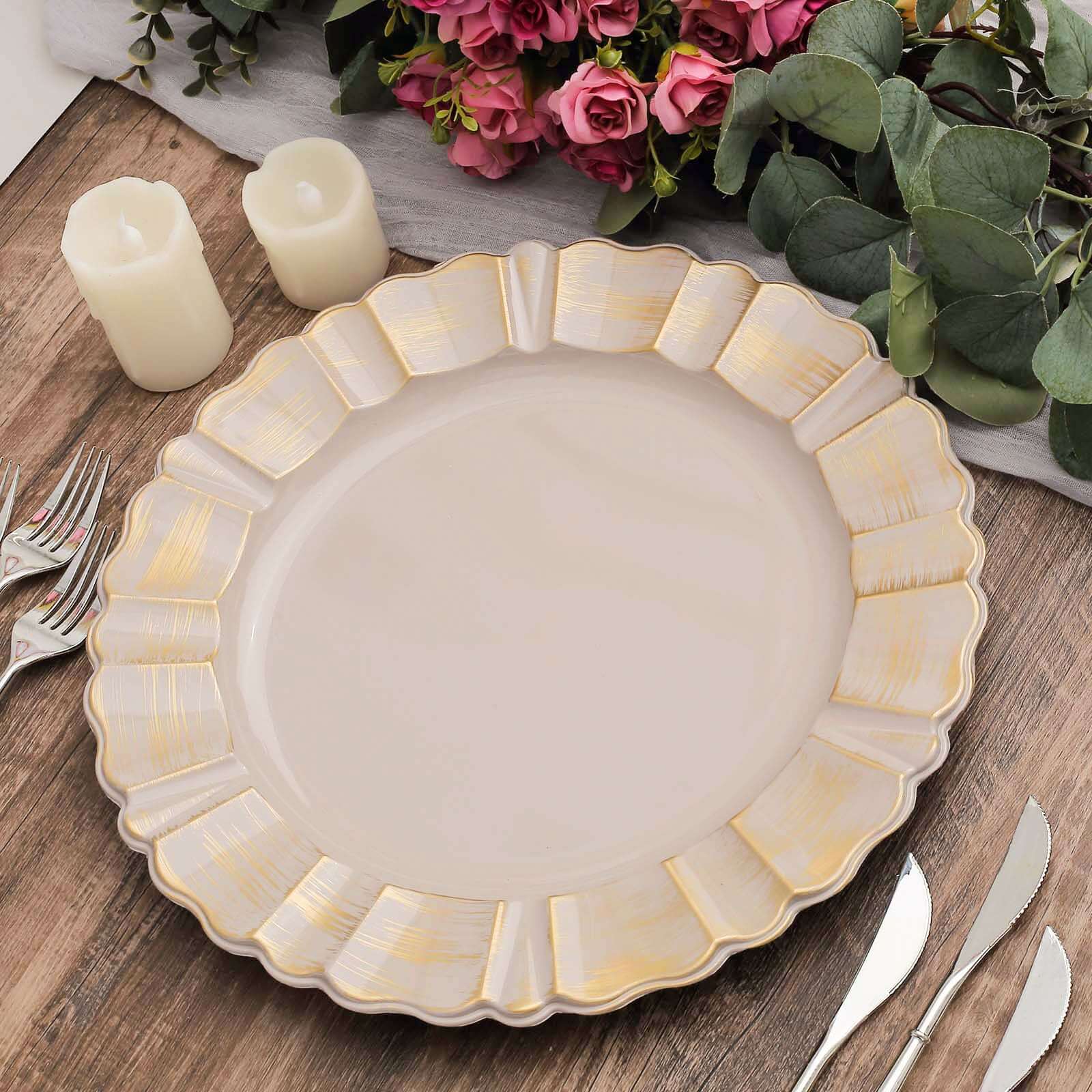 Hot Deal! 6-Pack 13-Inch Nude Taupe Acrylic Round Charger Plates with Gold Brushed Wavy Scalloped Rim for Dinner Parties